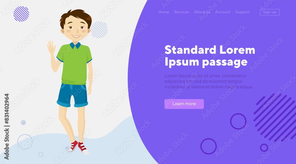 Happy boy waving hand flat vector illustration. Schoolboy in T-shirt and jeans shorts. Childhood, gesturing, greeting concept for website design, landing page Happy boy waving hand flat vector illustration. Schoolboy in T-shirt and jeans shorts. Childhood, gesturing, greeting concept for website design, landing page
