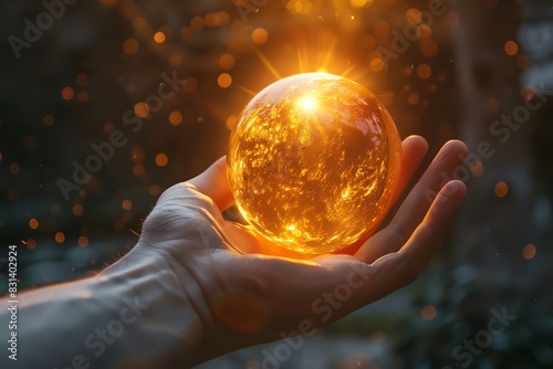 A hand holding a glowing sphere of energy  representing innovation