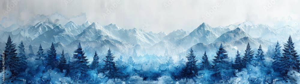 Tranquil Scenic Backdrop of Icy Mountains and Pine Forests in Oil Paint Tranquil Scenic Backdrop of Icy Mountains and Pine Forests in Oil Paint