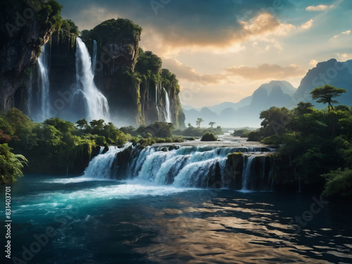 Fantasy landscape with floating islands and cascading waterfalls, panorama..jp[g