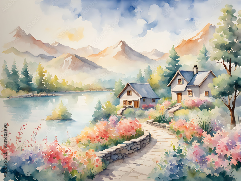 Naklejka premium A radiant watercolor depicts a tranquil lake at dawn with mist rising from the water and trees, evoking a serene atmosphere.