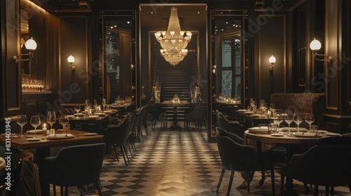 Classic restaurant interior featuring a checkered floor and a luxurious chandelier hanging from the ceiling.