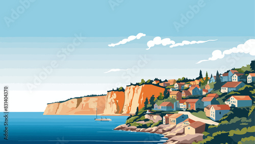 Breathtaking Landscape of a Quiet Village Overlooking the Sea, Rendered in Detailed Vector Art
