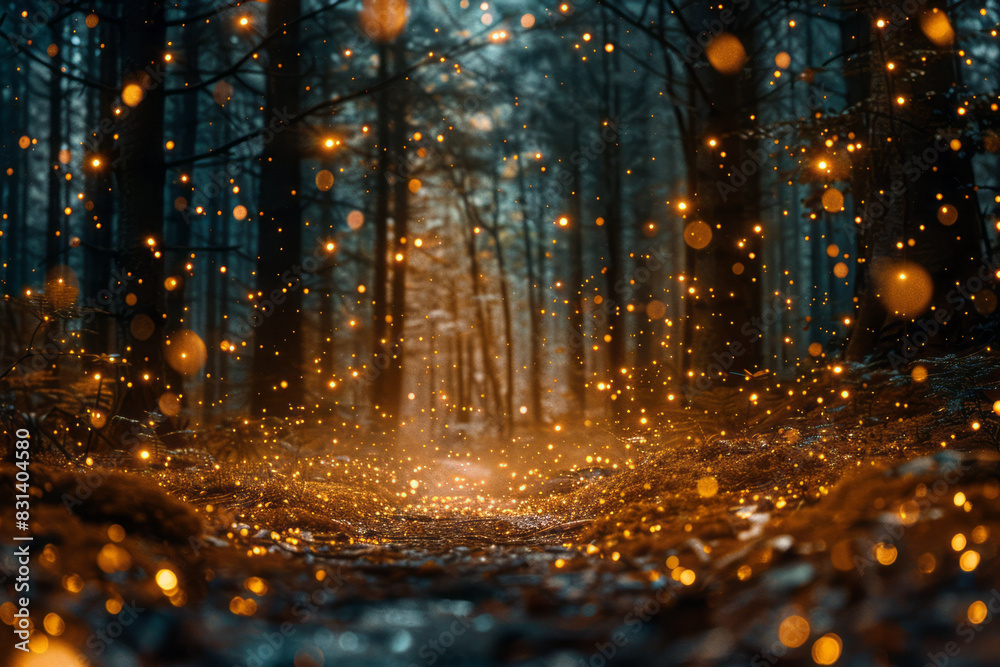 A lens revealing a tiny forest with glowing trees and floating orbs of light,