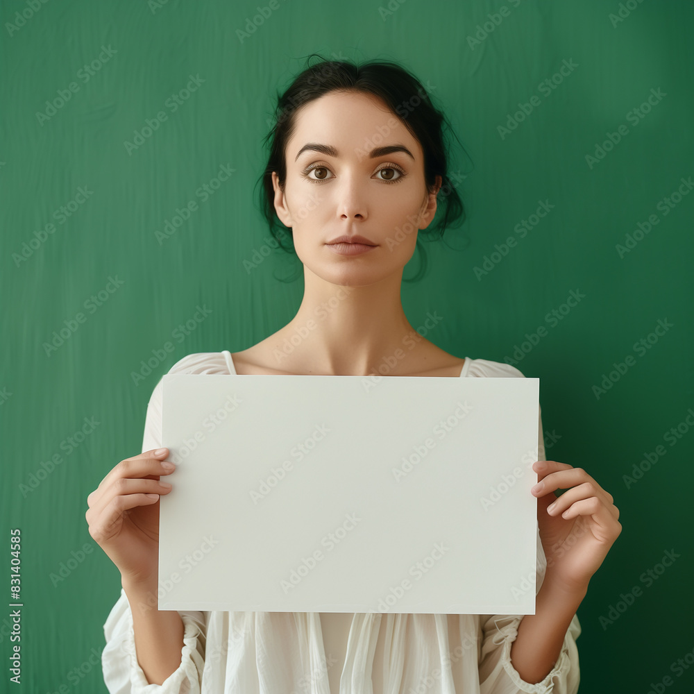 A relaxed woman model against a calming green background, holding a medium-sized blank white banner close to her chest A relaxed woman model against a calming green background, holding a medium-sized blank white banner close to her chest