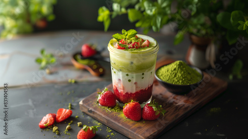 Iced strawberry matcha latte with fresh strawberries on the side and green powder next to it