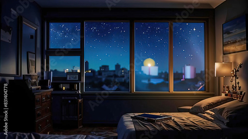dark bedroom at night, there is a nightstand next to the bed, a starry night outside the window