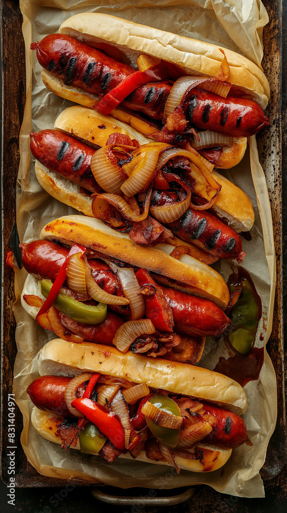 Kielbasa on buns from overhead vertical