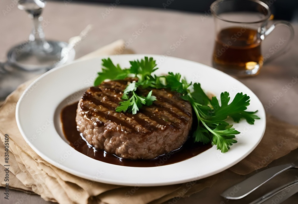 AI generated illustration of plate of saucy meat with parsley garnish AI generated illustration of plate of saucy meat with parsley garnish