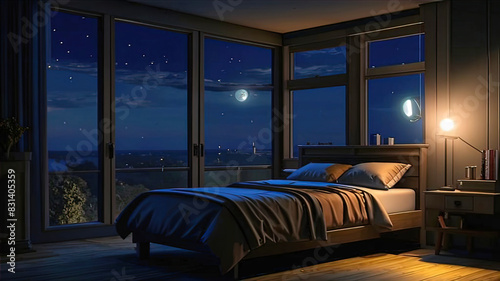 dark bedroom at night, there is a nightstand next to the bed, a starry night outside the window
