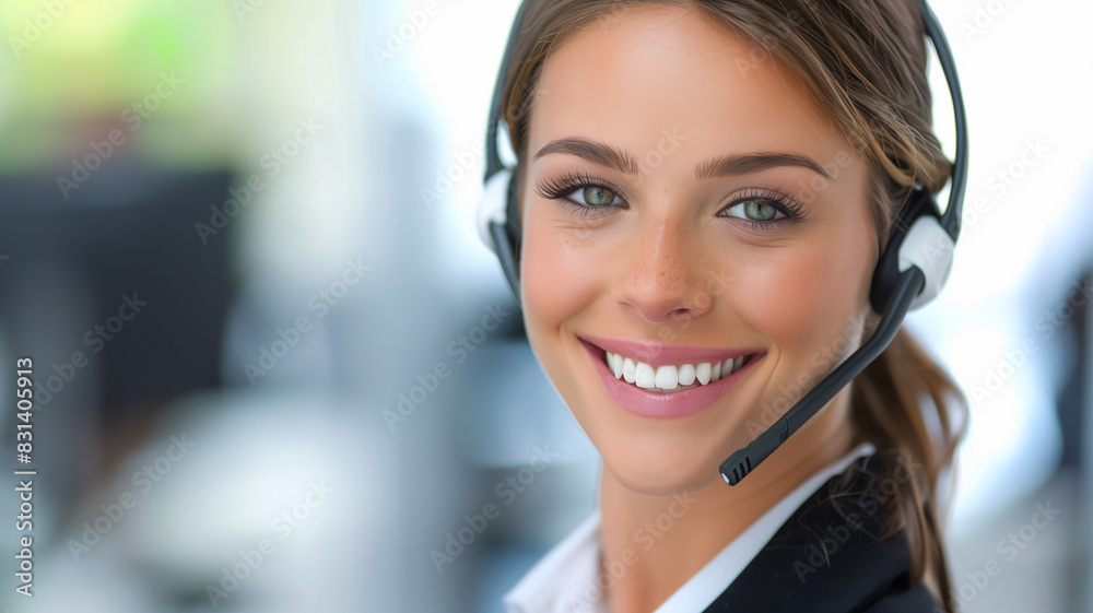 photo of a cheerful customer service representative wearing a headset and smiling at the camera, with a blurred office background photo of a cheerful customer service representative wearing a headset and smiling at the camera, with a blurred office background