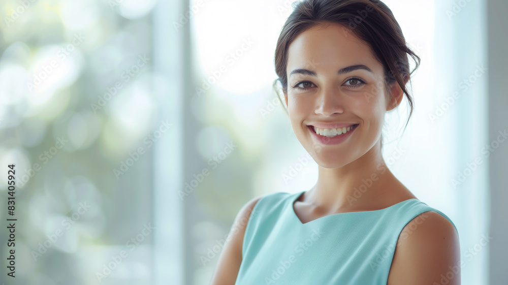 A woman in a simple turquoise dress, smiling confidently, with a soft white background enhancing the bright color of her outfit A woman in a simple turquoise dress, smiling confidently, with a soft white background enhancing the bright color of her outfit