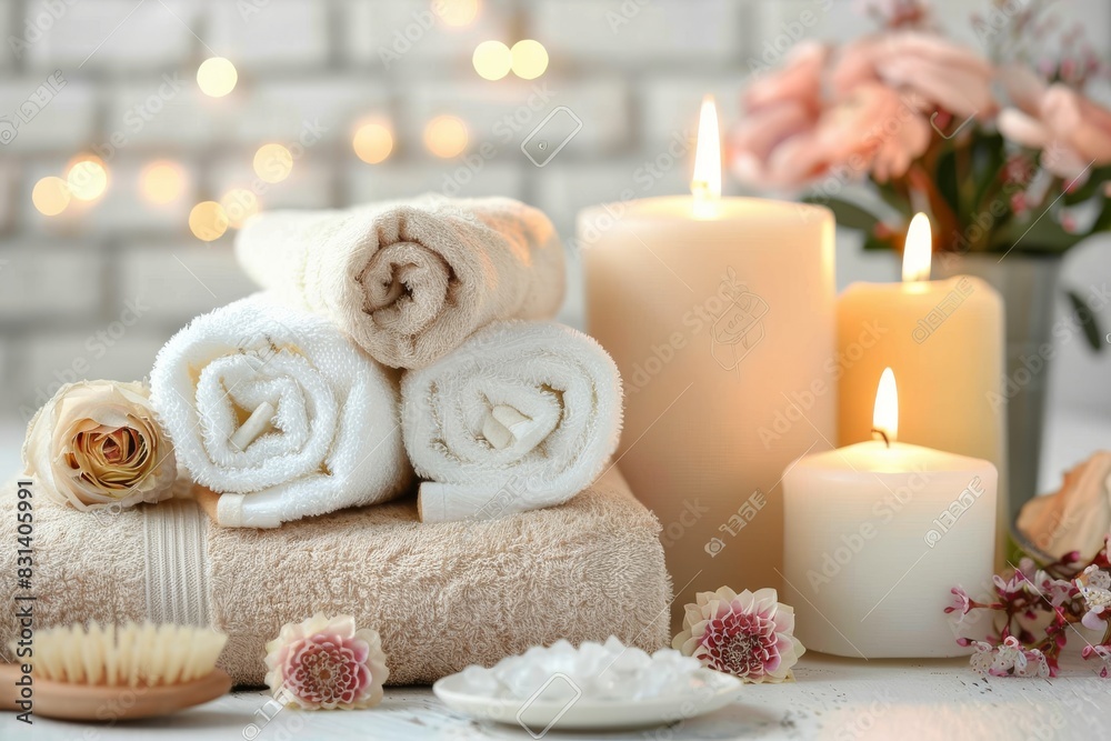 Elegant spa setup with rolled towels, candles, and flowers, creating a serene and relaxing environment for ultimate wellness Elegant spa setup with rolled towels, candles, and flowers, creating a serene and relaxing environment for ultimate wellness