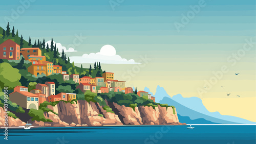 Breathtaking Landscape of a Quiet Village Overlooking the Sea, Rendered in Detailed Vector Art