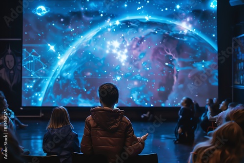 A holographic screen displaying educational content, engaging students photo