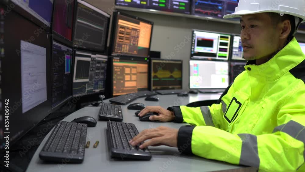 Engineer working in a control room,programming to manage industrial ...