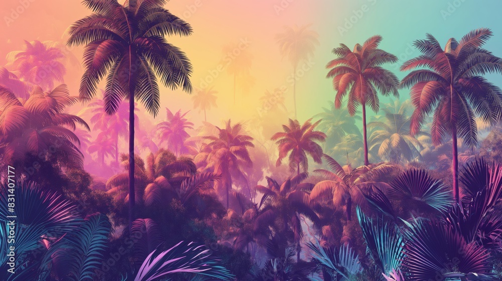 Vibrant Tropical Palm Trees in a Lush Forest During Sunset