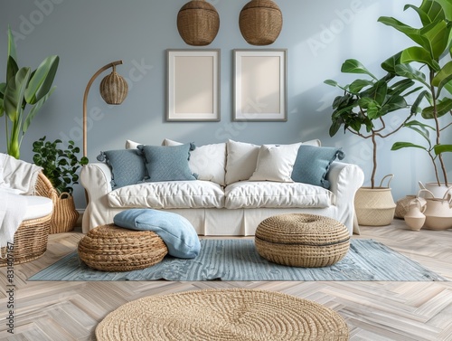 A living room with a white couch and a blue pillow. The couch is surrounded by pillows and a rug. There are two empty picture frames on the wall. The room has a cozy and inviting atmosphere