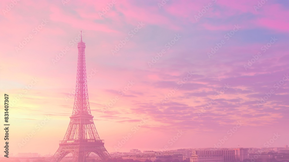 Fototapeta premium Eiffel Tower at Sunset With Vibrant Pink and Purple Sky in Paris, France