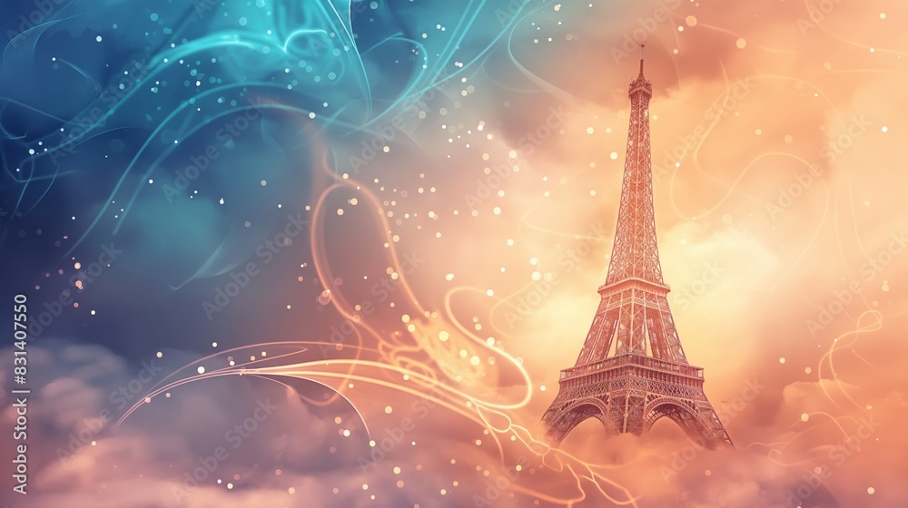 Eiffel Tower Surrounded by Colorful Swirls in a Magical Evening Sky