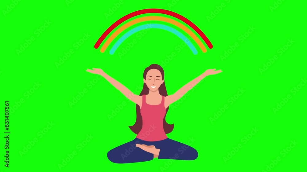 Cartoon animation of a beautiful woman doing yoga, emitting a rainbow above her head, for wellness content, fitness promotions, and mindfulness designs, symbolizes harmony and positive energy
