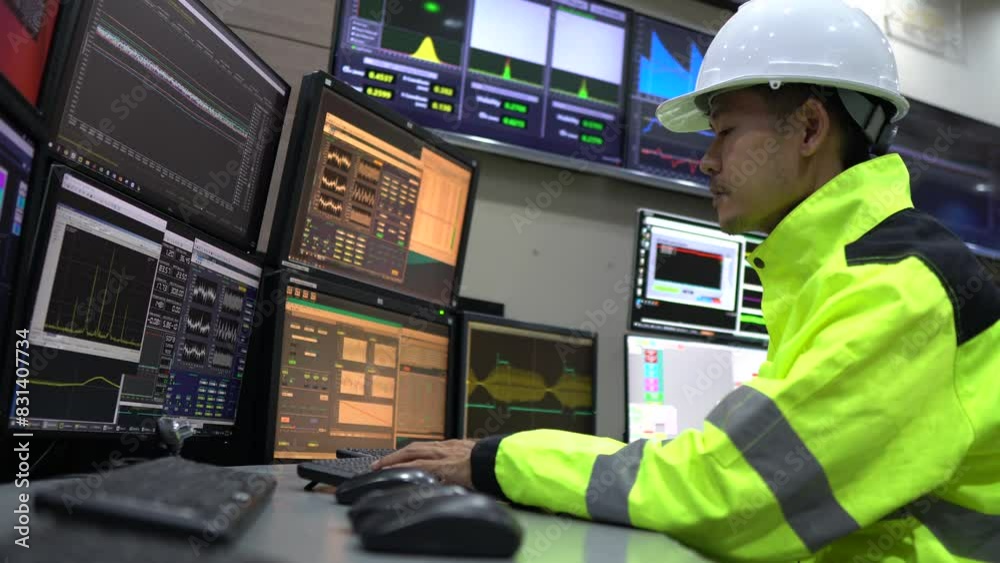 Engineer working in a control room,programming to manage industrial machines,monitoring multiple screens,efficient workflow