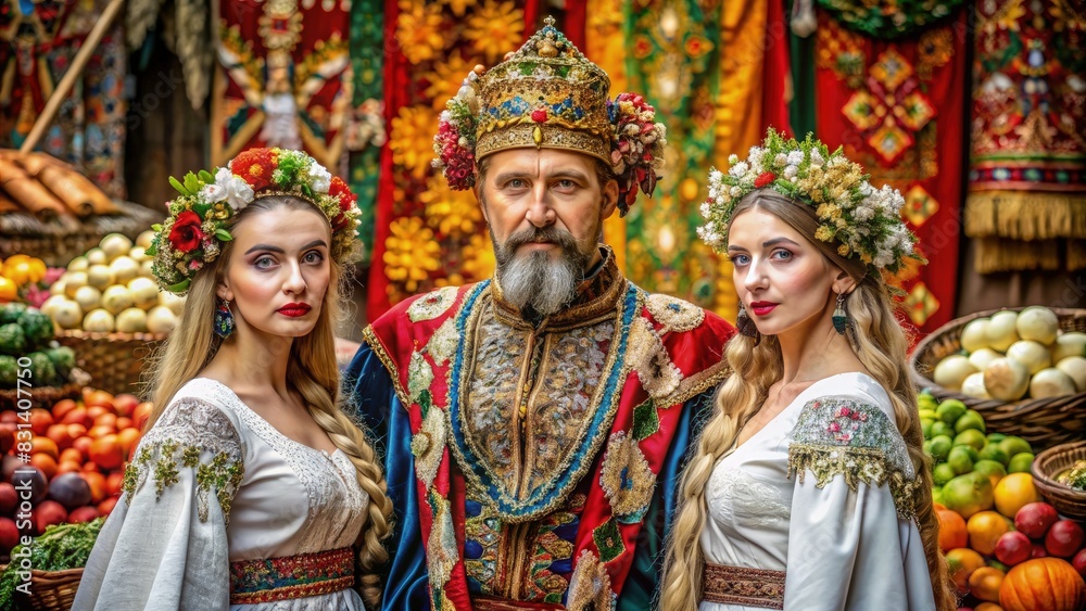 Man and Two Women Standing Together at a Vibrant Exotic Market in Ukraine. Generative AI