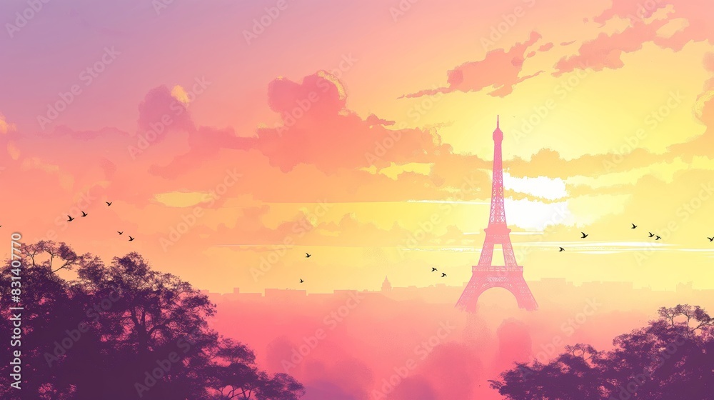 Fototapeta premium Eiffel Tower at Sunset With Vibrant Pink and Purple Sky in Paris, France
