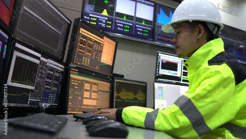 Engineer working in a control room,programming to manage industrial machines,monitoring multiple screens,efficient workflow