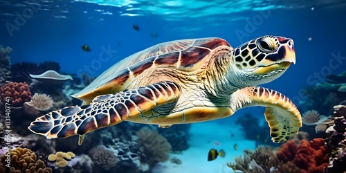 Hawksbill turtle gracefully swims in the vibrant coral reef of the Maldives in the Indian Ocean. Concept Underwater Photography  Marine Life  Coral Reef  Marine Conservation  Hawksbill Turtle