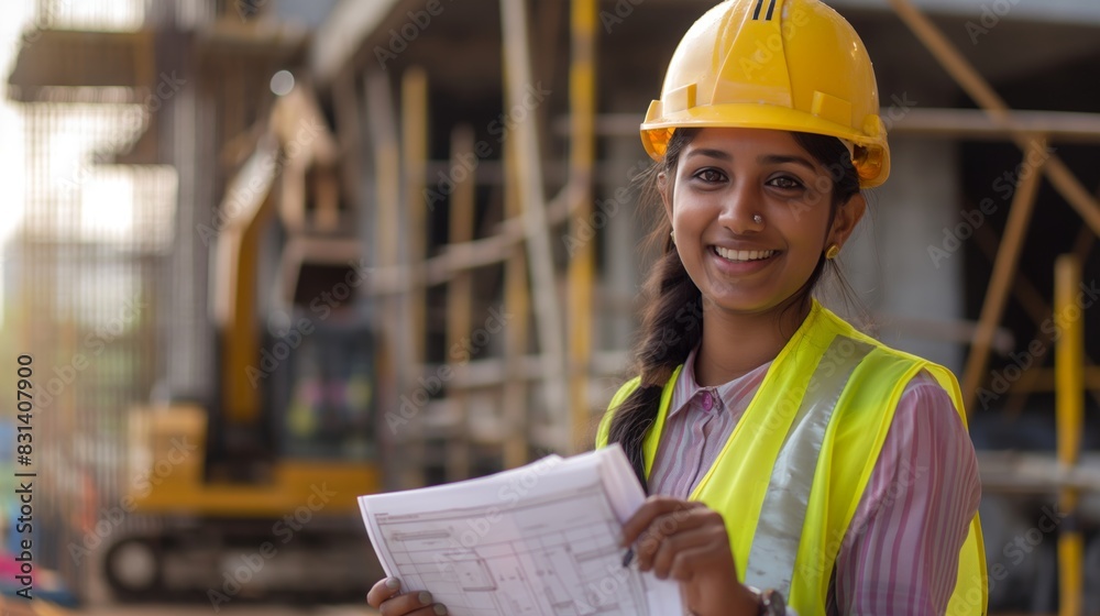 Young South Asian Female Engineer at Construction Site Holding Blueprints, Promoting Women in STEM Careers and Safety in Engineering Young South Asian Female Engineer at Construction Site Holding Blueprints, Promoting Women in STEM Careers and Safety in Engineering