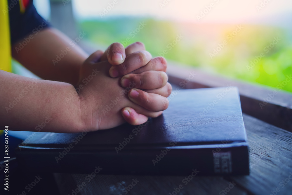 Close up hands of child girl praying on bible in morning, christian concept. Close up hands of child girl praying on bible in morning, christian concept.