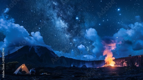 Adventurous travelers camping near an active volcano, witnessing the spectacle of an erupting crater against a backdrop of starry skies photo