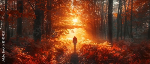 Against a backdrop of fiery autumnal hues, a solitary figure traversed the winding forest path, their silhouette framed by the warm glow of the setting sun photo