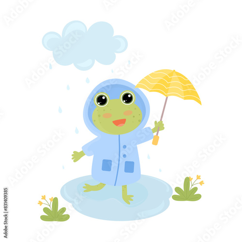 Cute smiling frog in a raincoat with umbrella in nature. Funny green frog character in a rain. Vector illustration in flat style on white background.