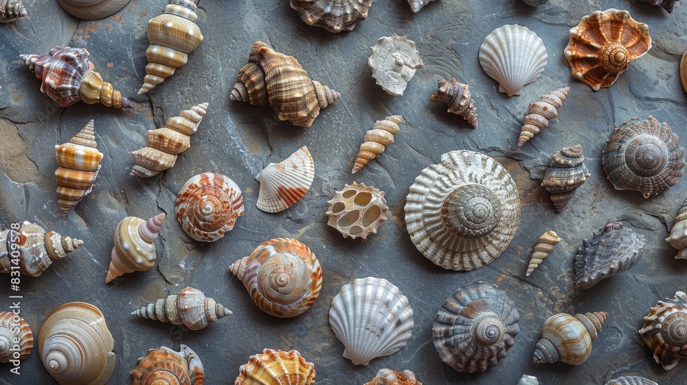 Randomly arranged sea shells on a table creating a textured pattern