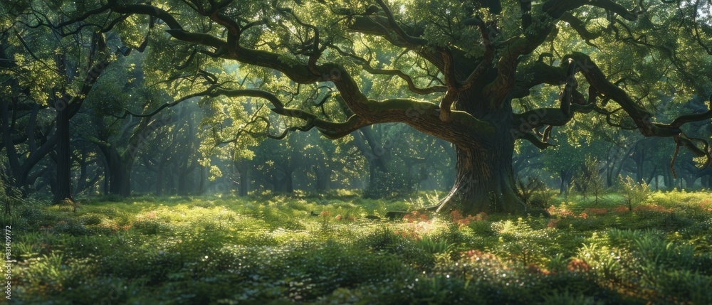 Beneath the canopy of an ancient oak, dappled sunlight filtered through the emerald foliage, casting a mesmerizing tapestry of shadows and light Beneath the canopy of an ancient oak, dappled sunlight filtered through the emerald foliage, casting a mesmerizing tapestry of shadows and light