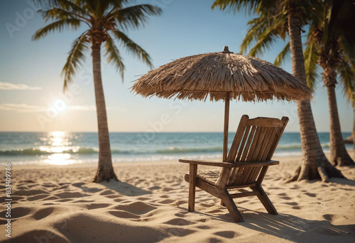 Parasol    franges coco et fauteuil en bois naturel en bord de plage