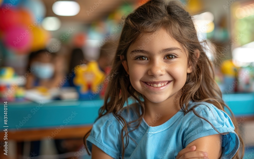 A young girl joyfully smiles at the camera A young girl joyfully smiles at the camera