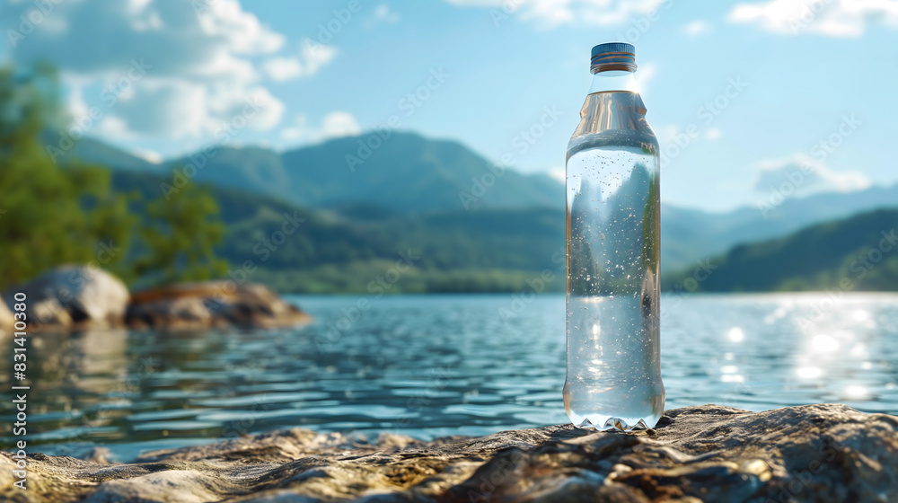 A glass bottle of clean water on a rock near a lake in nature, with mountains in the background A glass bottle of clean water on a rock near a lake in nature, with mountains in the background