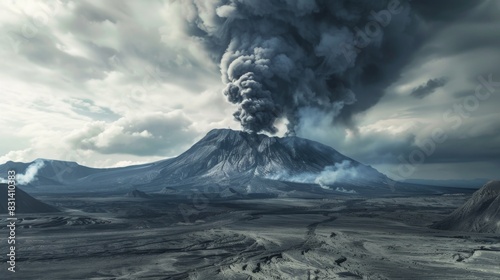 Ash-covered landscape surrounding an active volcano, with billowing clouds of smoke rising from the crater, signaling imminent danger