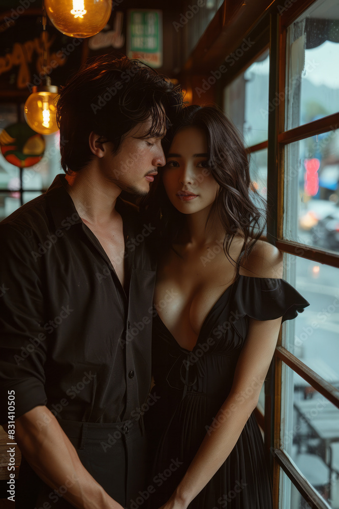A young couple sharing a romantic moment, holding hands and looking out the window at passing scenery, A young couple sharing a romantic moment, holding hands and looking out the window at passing scenery,