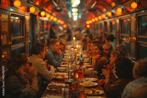 A busy train dining car where passengers from different backgrounds are engaged in animated conversations,