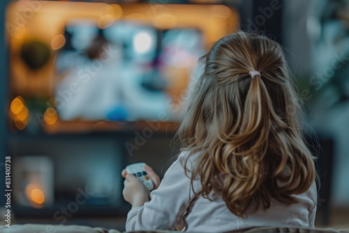 Little girl watching a cartoon on television at home.