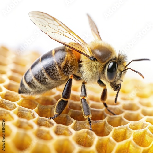 Close Up of Bee on Honeycomb. Generative AI photo