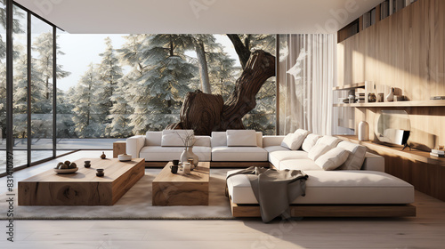A modern living room with a large glass window looking out onto a snowy forest.