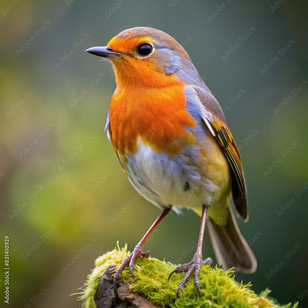 Small Orange and Blue Bird Perched on Mossy Branch. Generative AI