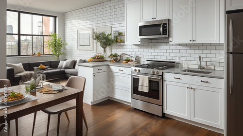 A kitchen with white cabinets, stainless steel appliances, a breakfast bar, and a dining table with four chairs.