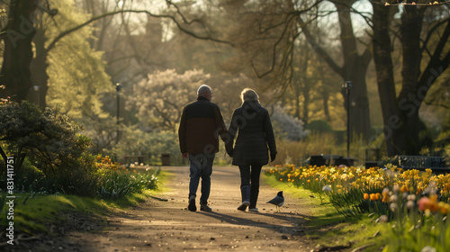 Fototapeta Naklejka Na Ścianę i Meble -  A couple is walking down a path in a park