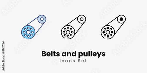 Belts and pulleys Icons set thin line and glyph vector icon illustration